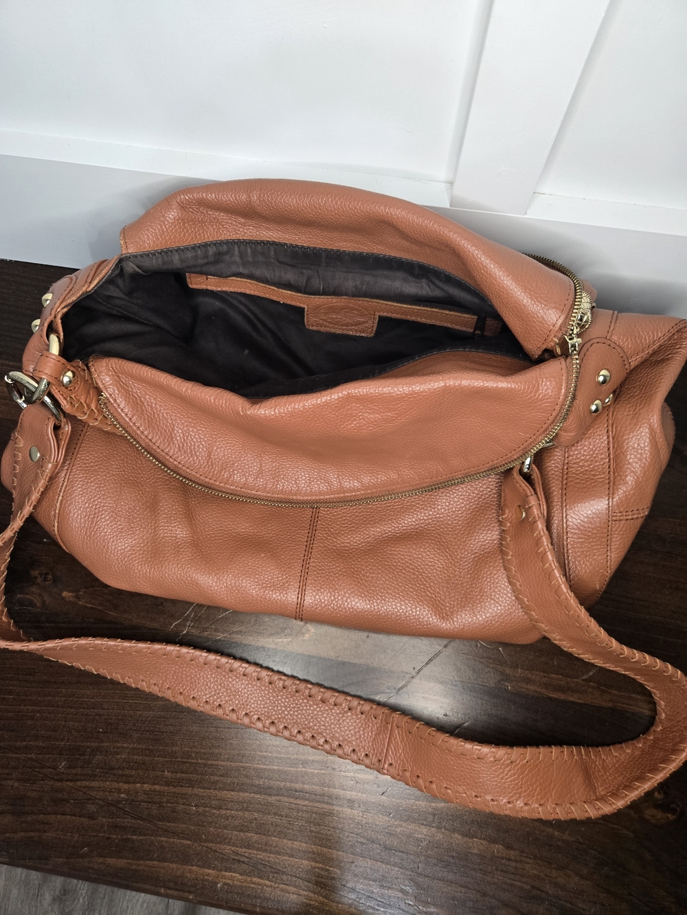 Genuine Leather Tassel Shoulder Hobo Bag in Cognac Tan - Picture 5 of 9